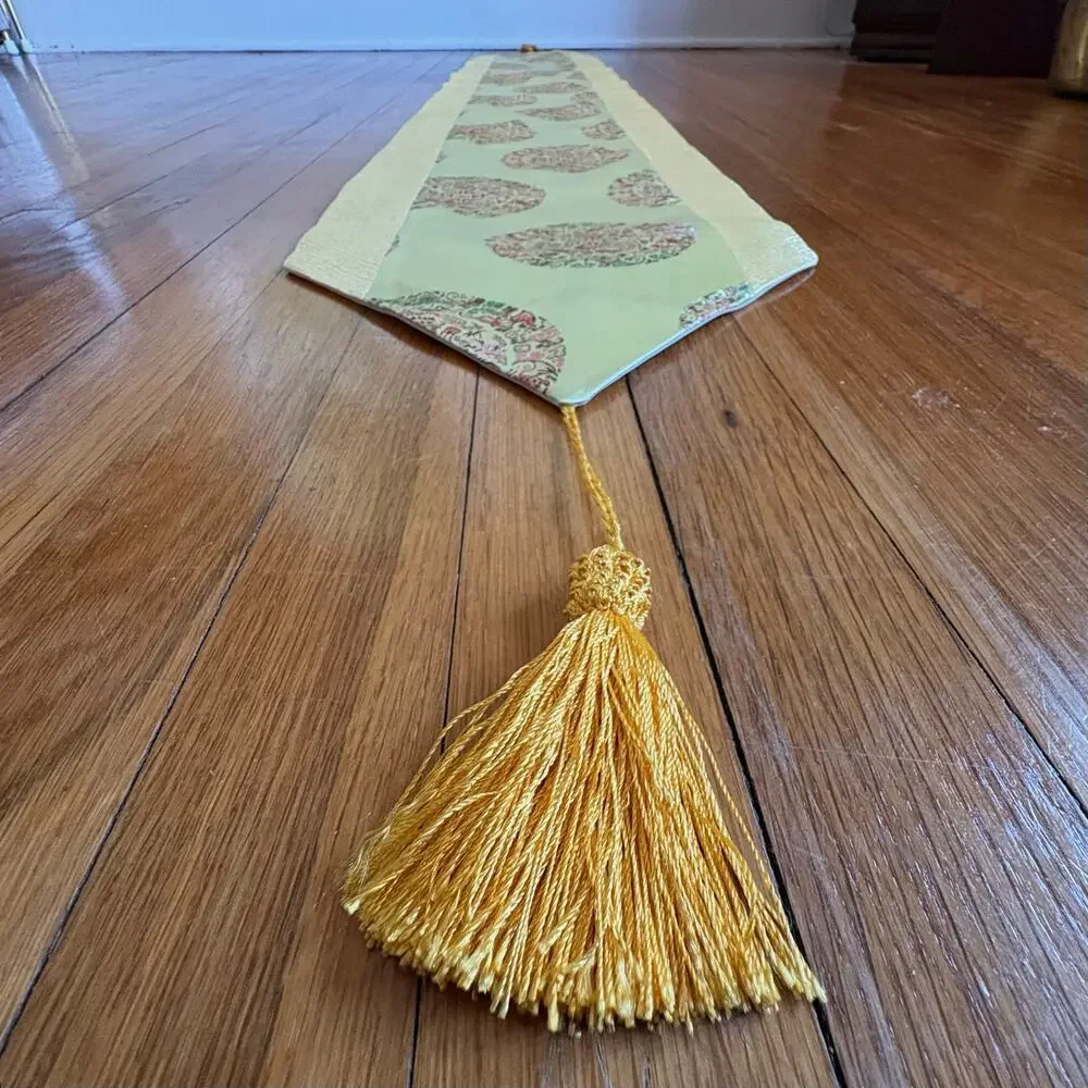 Vintage Asian Silk Brocade Table Runner Gold Tassels Chinoiserie